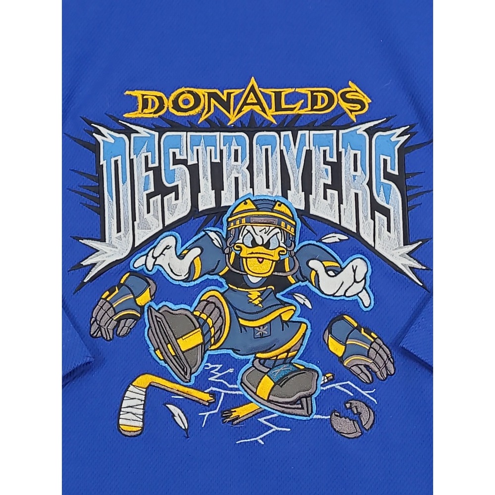 Walt Disney World Donalds Destroyers Hockey Jersey Mens Medium Blue Yellow VTG - Picture 2 of 10